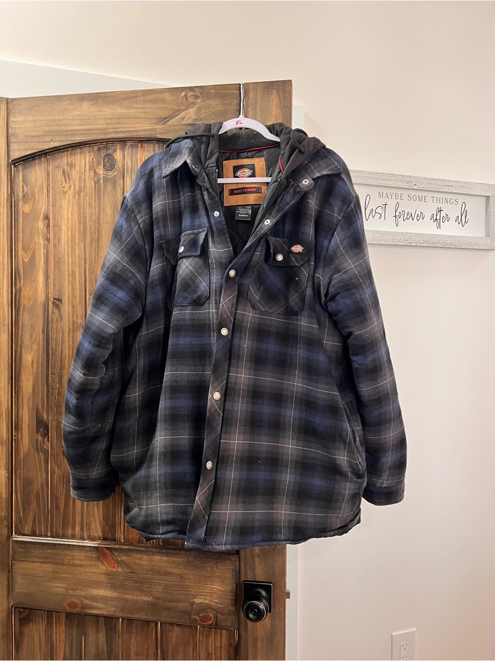 Dickies Men’s Blue and Black Plaid Hooded Shirt Jacket